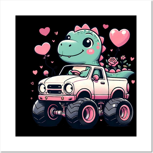 Cute Girls Kids Valentines Day Dinosaur Riding Monster Truck Wall Art by jadolomadolo